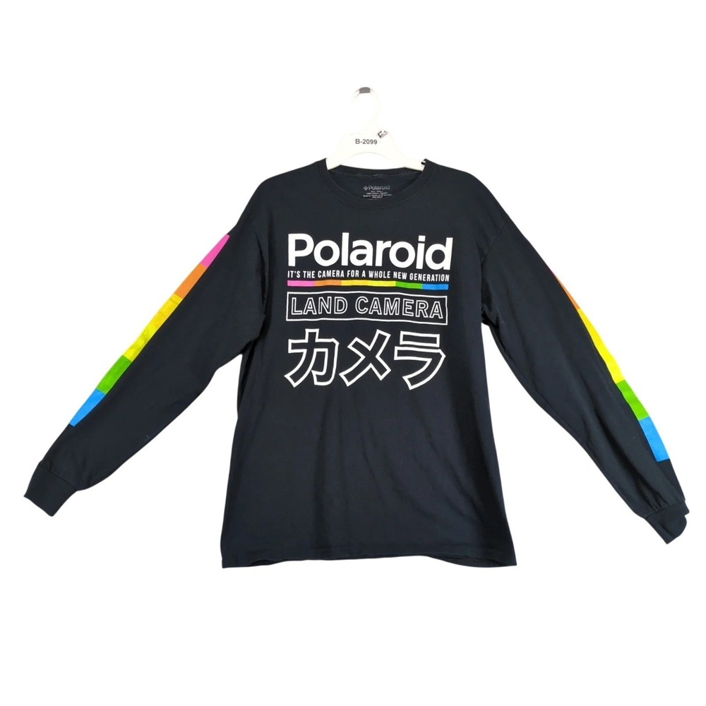 Polaroid Land Camera Black T-Shirt Mens L Retro Rainbow Long Slv Japanese Text
